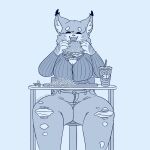 anthro big_breasts bottomwear breasts burger clothed clothing eating fatio_catio felid feline female food fully_clothed fur fur_tuft hi_res lynx mammal pants solo thick_thighs torn_bottomwear torn_clothing torn_pants tuft