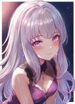  1girl alternate_costume bare_shoulders breasts cleavage commentary dress english_commentary fire_emblem fire_emblem:_three_houses grey_hair highres leonmandala long_hair looking_at_viewer lysithea_von_ordelia purple_dress purple_eyes sleeveless sleeveless_dress small_breasts smile solo upper_body very_long_hair 
