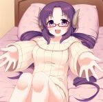  1girl bed collarbone demon_horns forehead glasses highres horns kaiba_tomoyuki knees_up lying nanaka_(princess_connect!) off-shoulder_sweater off_shoulder on_back open_mouth outstretched_arms parted_bangs princess_connect! purple_eyes purple_hair smile solo spread_arms sweater 