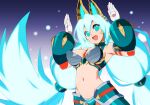  1girl animal_ears armor bare_shoulders bikini_armor blue_hair breasts cat_ears fang iris_(mega_man) kaidou_zx large_breasts light_blue_hair long_hair mega_man_(series) mega_man_x_(series) mega_man_x_dive monster_hunter_(series) navel official_alternate_costume open_mouth revealing_clothes solo teeth upper_teeth_only very_long_hair zinogre_(armor) 