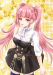  absurdres amaguriamami axe blue_thighhighs blunt_bangs fire_emblem fire_emblem:_three_houses garreg_mach_monastery_uniform highres hilda_valentine_goneril holding holding_axe long_hair pink_eyes pink_hair short_bangs thighhighs twintails uniform 