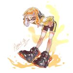  1girl agent_4_(splatoon) bike_shorts black_footwear black_shorts character_name closed_mouth full_body headgear highres inkling inkling_girl inkling_player_character large_shoes long_sleeves orange_eyes orange_hair pointy_ears shoes short_hair shorts single_vertical_stripe smile solo splatoon_(series) splatoon_2 suction_cups tentacle_hair thenintlichen96 