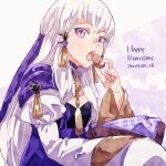  1girl dated dress eating english_text fingernails fire_emblem fire_emblem:_three_houses food gold_trim hair_ornament happy_birthday holding holding_food juliet_sleeves kaoh630 long_hair long_sleeves looking_at_viewer lysithea_von_ordelia open_mouth pink_eyes puffy_sleeves purple_dress solo teeth upper_teeth_only veil white_hair white_sleeves wide_sleeves 