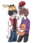  baseball_cap belt black_hair black_shirt blue_oak blue_pants brown_hair charmander fiery_tail flame-tipped_tail hat hazime holding holding_clothes holding_hat holding_pokemon jacket jewelry necklace on_head pants pikachu pokemon pokemon_(creature) pokemon_on_head pokemon_rgby purple_shirt red_(pokemon) red_headwear red_jacket shirt simple_background spiked_hair tail unworn_hat unworn_headwear white_background 