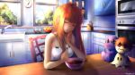  bare_shoulders bowl brown_hair cereal chair commentary doki_doki_literature_club doll english english_commentary fork green_eyes hair_down half-closed_eyes indoors jewelry kitchen long_hair mimikyu monika_(doki_doki_literature_club) open_mouth patreon_username pokemon ring solo table takuyarawr tile_wall tiles 