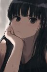  1girl amagami ayatsuji_tsukasa black_eyes black_hair black_shirt blunt_bangs close-up closed_mouth head_rest highres long_hair looking_at_viewer portrait shirt solo straight_hair t-shirt tenpanco 