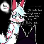anthro bodily_fluids canid canine crying dialogue dominant_prey duo female food fox fur heart_symbol holding_food holding_object lagomorph leash leporid mammal meat prey_dom_predator_sub rabbit speech_bubble spitthesauce submissive_predator tears white_body white_fur