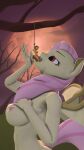 3d_(artwork) absurd_res alternate_species anthro applejack_(mlp) blonde_hair bound branch breasts digital_media_(artwork) duo fangs female female/female flutterbat_(mlp) fluttershy_(mlp) forced friendship_is_magic hair hands_tied hanging_by_wrists hanging_from_branch hasbro hi_res imminent_vore looking_down moon my_little_pony nipples nude open_mouth orange_body pink_hair plant plantigrade source_filmmaker spread_wings story story_in_description stuffguy123 teeth tongue tongue_out tree vore wings yellow_body