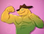 2024 5_fingers abs alligator alligatorid anthro biceps big_muscles biped clothing cowboy_hat cowboy_hat_only crocodilian fingers flexing_biceps green_body hat hat_only headgear headgear_only headwear headwear_only k_alligatordraw male mostly_nude multicolored_body muscular muscular_anthro muscular_male pecs reptile scalie solo white_eyes yellow_body