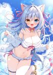  1girl :d aina_rive animal_ear_fluff animal_ears antenna_hair bare_shoulders bell bikini blue_eyes blue_sky breasts cat_ears cat_girl cat_tail choker cleavage cloud cloudy_sky collarbone commentary day frilled_bikini frills grey_hair groin hair_between_eyes hair_intakes hair_ribbon heterochromia jacket jingle_bell large_breasts long_hair long_sleeves mauve moe2024 neck_bell off_shoulder open_clothes open_jacket original outdoors pink_choker pink_ribbon puffy_long_sleeves puffy_sleeves ribbon sky sleeves_past_wrists smile solo standing standing_on_one_leg swimsuit tail very_long_hair water water_drop white_bikini white_jacket yellow_eyes 