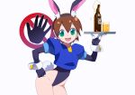  1girl aile_(mega_man_zx) alcohol animal_ears beer beer_glass black_leotard blue_jacket brown_hair cropped_jacket green_eyes holding holding_tray jacket kaidou_zx leotard mega_man_(series) mega_man_zx nervous playboy_bunny rabbit_ears rabbit_tail robot_ears short_hair simple_background solo tail tray white_background 