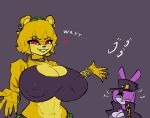 anthro bear big_breasts bonnie_(cally3d) bonnie_(fnaf) breasts clothed clothing collar dio_brando duo ear_piercing ear_ring female five_nights_at_freddy&#039;s fredbear_(fnaf) fredina&#039;s_nightclub hat headgear headwear heart_symbol huge_breasts jojo&#039;s_bizarre_adventure jotaro_kujo lagomorph leporid lipstick makeup mammal piercing pupils rabbit red_eyes ring_piercing scottgames slit_pupils stormkinght