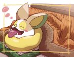  blush_stickers closed_eyes commentary_request cushion fangs happy kotatsu kotobukkii_(yt_lvlv) lying no_humans on_stomach open_mouth pokemon pokemon_(creature) solo table tongue tongue_out yamper 