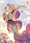  1girl :d abinosu0903 armpits bare_shoulders blush bouquet breasts brown_eyes cleavage collarbone dress falling_petals fire_emblem fire_emblem_awakening fire_emblem_heroes flower hair_flower hair_ornament highres holding holding_bouquet long_hair looking_at_viewer looking_to_the_side medium_breasts official_alternate_costume open_mouth outdoors outstretched_arm petals robin_(female)_(fire_emblem) robin_(female)_(valentine)_(fire_emblem) robin_(fire_emblem) sleeveless smile solo sunlight twintails white_hair 