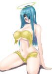  1girl angel bare_shoulders blue_hair blush bokusatsu_tenshi_dokuro-chan breasts eyepatch halo large_breasts long_hair mitsukai_zakuro muffin_(sirumeria) naked_towel red_eyes simple_background solo towel white_background yellow_towel 