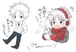  1boy akagi:_yami_ni_oritatta_tensai akagi_shigeru alternate_costume black_eyes blush chibi collared_shirt commentary_request earmuffs fukumoto_mahjong full_body grey_hair grey_jacket hands_in_pockets holding_snowman jacket looking_at_viewer medium_bangs multiple_views open_mouth pants plaid plaid_scarf red_scarf scarf shirt short_hair simple_background translation_request white_background y_(yism) 