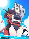 2024 anthro black_body black_fur black_hair breasts canid canid_demon canine clothing demon demon_humanoid duo female fur grey_body grey_fur hair hellhound helluva_boss hi_res horn hug hugging_from_behind humanoid imp looking_at_viewer loona_(helluva_boss) mammal millie_(helluva_boss) multicolored_body multicolored_fur mythological_canine mythological_creature mythology one-piece_swimsuit outside red_body smile smiling_at_viewer spade_tail swimwear tail two_tone_body two_tone_fur water wet white_body white_fur yorusagi
