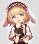  :d animal_ears black_hairband blonde_hair blue_eyes bunny_ears center_frills commentary crying crying_with_eyes_open ears_down fleur_de_lapin_uniform floppy_ears frilled_cuffs frilled_hairband frills gochuumon_wa_usagi_desu_ka? grey_background hairband head_tilt highres kirima_sharo looking_at_viewer open_mouth puffy_short_sleeves puffy_sleeves shirt short_sleeves smile solo sue_(bg-bros) tears uniform waitress white_shirt wrist_cuffs 