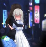  age_difference alternate_costume blush casual closed_eyes commentary_request dress flower girls_und_panzer highres hug itsumi_erika lamppost multiple_girls night nishizumi_shiho road road_sign sign street toku_(yhpv8752) yuri 
