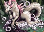 anthro areola arm_tuft big_breasts big_butt blandy_(artist) blue_eyes breasts bubble butt capcom chest_tuft claws empty_eyes eyelashes female foam fur hi_res leviathan_(mh) long_tail mizutsune monster_hunter nipples nude pink_areola pink_body pink_nipples pink_scales purple_body purple_fur scales smile solo tail thick_thighs tuft white_body white_scales wide_hips