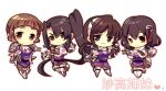  4girls :3 ashigara_(kancolle) belt brown_eyes brown_hair chibi chibi_only full_body haguro_(kancolle) hairband kantai_collection kotorai long_hair multiple_girls myoukou_(kancolle) nachi_(kancolle) no_nose purple_shirt shirt side_ponytail thick_eyebrows thigh_strap translation_request very_long_hair white_background white_hairband 