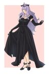  1girl alternate_costume breasts camilla_(fire_emblem) camilla_(light_of_nohr)_(fire_emblem) clothes_lift crown dress dress_lift elbow_gloves fire_emblem fire_emblem_fates fire_emblem_heroes full_body gloves hair_over_one_eye highres horns jewelry large_breasts long_hair looking_at_viewer necklace pink_background pink_eyes pomelomelon purple_hair ring smile solo very_long_hair 