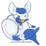  2018 2_tails beverage blue_fur coffee coffee_cup crossed_legs drinking electrikestorm eyes_closed feline female feral fur hi_res mammal meowstic multi_tail nintendo pok&eacute;mon pok&eacute;mon_(species) semi-anthro simple_background sitting solo video_games white_background white_fur 