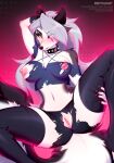absurd_res anthro big_breasts black_body black_fur black_nose bodily_fluids breasts butt canid canid_demon canine canis claws clothed clothing demon digital_media_(artwork) female fur genital_fluids genitals hair helluva_boss hi_res legwear looking_at_viewer loona_(helluva_boss) mammal mythological_canine mythological_creature mythology nipples nude piercing pink_nipples pink_pussy pinup pose pussy red_sclera rrevolight simple_background smile solo stockings tail were werecanid werecanine werewolf white_body white_fur wolf