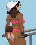 anthro back_muscles bandeau black_hair bodily_fluids brown_body brown_fur butt canid canine canis clothing cotton_tail domestic_dog exercise eyewear female fluffy fluffy_tail fur hair hi_res kinhey long_ears mammal muscular muscular_anthro muscular_female nipple_outline poodle rear_view solo sunglasses sweat tail topwear workout