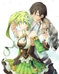  1boy 1girl bare_shoulders black_hair blade_master_(elsword) breasts cleavage coat couple detached_sleeves elf elsword flower green_eyes green_hair hair_flower hair_ornament high_ponytail jacket large_breasts lily_(flower) mechanical_arms nan_(nanyayyay) pointy_ears ponytail raven_cronwell rena_erindel scar side_ponytail single_mechanical_arm wind_sneaker_(elsword) 