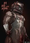  1boy apron bara barbed_wire blood cowboy_shot gloves highres large_pectorals looking_ahead male_focus muscular muscular_male obliques pectoral_cleavage pectorals shang_deng_lan_mao solo standing the_evil_within the_keeper thick_thighs thighs 