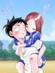  1boy 1girl absurdres black_hair blue_shorts brown_hair carrying closed_eyes commentary_request forehead hatomugi_(user_datj4345) highres jacket karakai_jouzu_no_takagi-san nishikata piggyback scraped_knee shirt shorts smile t-shirt takagi-san track_jacket translation_request tree 