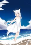  1girl absurdres ahoge animal_ear_fluff animal_ears bare_arms bare_shoulders barefoot blue_sky blush closed_mouth cloud collarbone commentary_request day dress facial_mark fox_ears fox_girl hair_between_eyes highres horizon kuronagi_(mitora_uwu) long_hair ocean original outdoors purple_eyes sky sleeveless sleeveless_dress solo very_long_hair walking water whisker_markings white_dress white_hair 