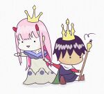  1boy 1girl black_hair chibi couple crown darling_in_the_franxx long_hair non-web_source pink_hair simple_background sitting zero_two_(darling_in_the_franxx) 