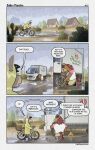 2023 anthro asinus bicycle bottomwear brown_body car clothing coat comic detailed_background dialogue donkey duo english_text equid equine guayodraws hi_res horse julio_(julio_&amp;_poncho) male mammal outside poncho_(julio_&amp;_poncho) raincoat raining shirt shorts text topwear vehicle wet