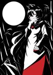  1girl animal_ears bamboo black_background black_hair dress full_moon hair_between_eyes highres imaizumi_kagerou long_hair long_sleeves looking_at_viewer monochrome moon night puffy_long_sleeves puffy_sleeves red_eyes red_nails solo touhou weedhollow_(dokuran) wolf_ears wolf_girl 