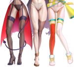  3girls ass_visible_through_thighs black_cape black_thighhighs cape contrapposto demon_girl demon_tail gold_footwear gold_trim groin high_heels highres hololive hololive_english lab_coat legs long_legs lower_body megaphone mori_calliope mori_calliope_(1st_costume) multiple_girls navel oozora_subaru oozora_subaru_(1st_costume) panties shiny_skin shirt shoes simple_background single_thighhigh skindentation sneakers solo spicyyrum standing striped_clothes striped_shirt tail tail_around_own_leg thigh_gap thighhighs thighs toe_cleavage torn_cape torn_clothes underwear upskirt virtual_youtuber wardrobe_malfunction white_background white_panties yuzuki_choco yuzuki_choco_(1st_costume) 