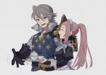  1boy 1girl absurdres armor black_dress black_gloves cup dress felicia_(fire_emblem) fire_emblem fire_emblem_fates gambeson gloves grey_hair hair_between_eyes highres holding holding_tray laslow_(fire_emblem) long_sleeves looking_at_another maid maid_headdress open_mouth pink_hair ponytail purple_eyes runteya shoulder_armor signature sweat teacup teapot teeth tray upper_body 