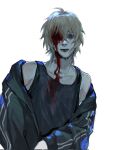  1boy bags_under_eyes bandage_on_face bandages blonde_hair blood blood_on_clothes blood_on_face collarbone crurry_(trenos_x) guro highres hood hoodie injury male_focus missing_eye scared short_sleeves slow_damage white_background wide-eyed 