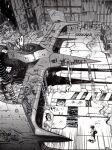  1boy cable cowboy_bebop daniel_warren_johnson hands_in_pockets highres monochrome scenery science_fiction shadow signature size_difference smoking solo spacecraft spike_spiegel standing swordfish_ii 