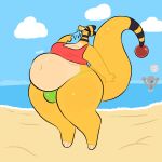 ambiguous_gender ampharos anthro beach belly big_belly big_breasts big_bulge breasts bulge butt clothed clothing digital_media_(artwork) generation_2_pokemon herm hi_res huge_bulge intersex mammal mostly_nude navel nintendo open_mouth outside overweight pokemon pokemon_(species) sand seaside sky solo swallowpancakes tail thick_tail thick_thighs topwear vore water yellow_body