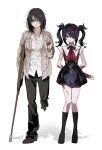  2girls absurdres ame-chan_(needy_girl_overdose) amputee arms_behind_back bandage_over_one_eye black_eyes black_footwear black_hair black_pants black_ribbon black_skirt black_socks blood blood_on_clothes blood_on_hands blood_on_weapon brown_shirt closed_mouth collared_shirt commentary_request crossover crutch eren_yeager full_body genderswap genderswap_(mtf) hair_ornament hair_over_one_eye highres holding jihecchi kneehighs korean_commentary long_hair long_sleeves looking_at_viewer multiple_girls neck_ribbon needy_girl_overdose pants parted_lips red_shirt ribbon shingeki_no_kyojin shirt shoes short_hair simple_background skirt smile socks solo standing suspender_skirt suspenders twintails weapon white_background white_shirt x_hair_ornament 