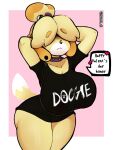 2024 3:4 accessory animal_crossing anthro artist_name bangs big_breasts biped black_clothing black_shirt black_topwear blonde_hair bottomless breasts canid canine clothed clothing collar cross_earrings curvy_figure dialogue dipstick_tail ear_piercing english_text female fur goth hair hair_accessory hair_bun hair_over_eyes hair_tie hands_behind_head heart_symbol holidays huge_breasts isabelle_(animal_crossing) mammal markings mrdexxxs nintendo piercing pink_background portrait raised_arms shirt simple_background solo speech_bubble spiked_collar spikes tail tail_markings text text_on_clothing text_on_shirt text_on_topwear thick_thighs three-quarter_portrait three-quarter_view tied_hair topwear twitter_handle valentine&#039;s_day voluptuous wide_hips yellow_body yellow_fur