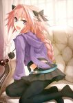  1boy animal_ear_hood astolfo_(fate) astolfo_(memories_at_trifas)_(fate) belt black_bow black_pantyhose black_skirt blue_belt bow braid couch crop_top cropped_jacket fang fate/apocrypha fate/grand_order fate_(series) hair_bow hair_intakes hood hood_down hooded_jacket jacket konoe_ototsugu long_braid looking_at_viewer looking_back male_focus multicolored_hair on_couch open_mouth otoko_no_ko pantyhose pink_hair pleated_skirt pom_pom_(clothes) purple_eyes purple_jacket single_braid skin_fang skirt smile solo streaked_hair two-tone_hair white_hair 