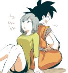  1boy 1girl annoyed arm_support arms_at_sides back-to-back bare_legs black_hair blue_eyes blue_hair blue_sash blunt_bangs bulma crossed_legs dot_nose dougi dragon_ball dragon_ball_z feet_out_of_frame furrowed_brow green_shirt happy knees_together_feet_apart laughing light_blush looking_back medium_hair neko_ni_chikyuu obi on_floor open_mouth orange_pants pants profile puff_of_air sash shadow shirt simple_background sitting son_goku spiked_hair spoken_squiggle squiggle v-shaped_eyebrows white_background 