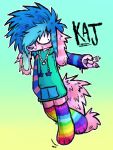 2022 alternative_fashion ambiguous_gender anthro blue_hair canid canine canis chibi clothing domestic_dog fur hair hand_in_pocket hi_res mammal multicolored_clothing pink_body pink_fur pockets scene_(fashion) smile solo spitthesauce