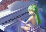  1girl absurdres alternate_costume backless_dress backless_outfit dress elbow_gloves floral_print frog_hair_ornament gloves green_hair hair_ornament hair_tubes highres instrument kochiya_sanae long_hair night night_sky open_mouth piano piaoluo_de_ying_huaban rose_print single_hair_tube sky smile snake_hair_ornament solo star_(sky) strapless strapless_dress thighhighs touhou white_dress white_gloves white_thighhighs yellow_eyes 