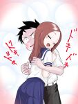  1boy 1girl absurdres black_hair brown_hair closed_eyes commentary_request constricted_pupils forehead hatomugi_(user_datj4345) highres hug karakai_jouzu_no_takagi-san nishikata pleated_skirt school_uniform serafuku skirt surprised takagi-san 