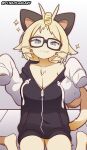 2024 anthro blonde_hair blue_eyes breasts brown_body brown_fur cleavage clothed clothing eyewear female fur generation_1_pokemon glasses hair hi_res hoodie looking_at_viewer meowth nintendo pokemon pokemon_(species) sitting smile smiling_at_viewer solo tan_body tan_fur topwear two_tone_tail yorusagi