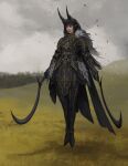 2019 animal_skin armor belt black_armor black_cape black_hair black_weapon buckle cape clothed clothed_female clothed_humanoid clothing cloud cloudy_(disambiguation) colored detailed_background digital_media_(artwork) digital_painting_(artwork) dual_wielding elbow_pads eyes_closed fantasy female female_humanoid forest full-length_portrait hair hi_res holding_melee_weapon holding_object holding_sickle holding_weapon horn horn_armor horned_humanoid humanoid humanoid_pointy_ears light_body light_skin melee_weapon nature nature_background niram_s outside plant portrait shoulder_armor sickle sky solo straps tassels tree unknown_character vambrace weapon white_sky